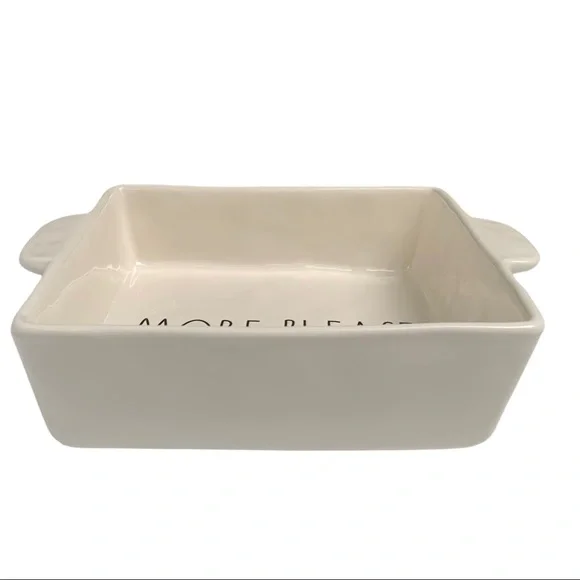 Rae Dunn MORE PLEASE Casserole Baking Dish White Black Large Letters Dimples NWT - Picture 5 of 12